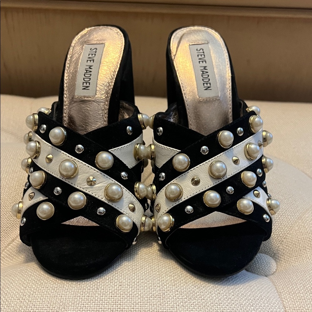 Steve Madden Black and White Cove Pearl Studded Mules